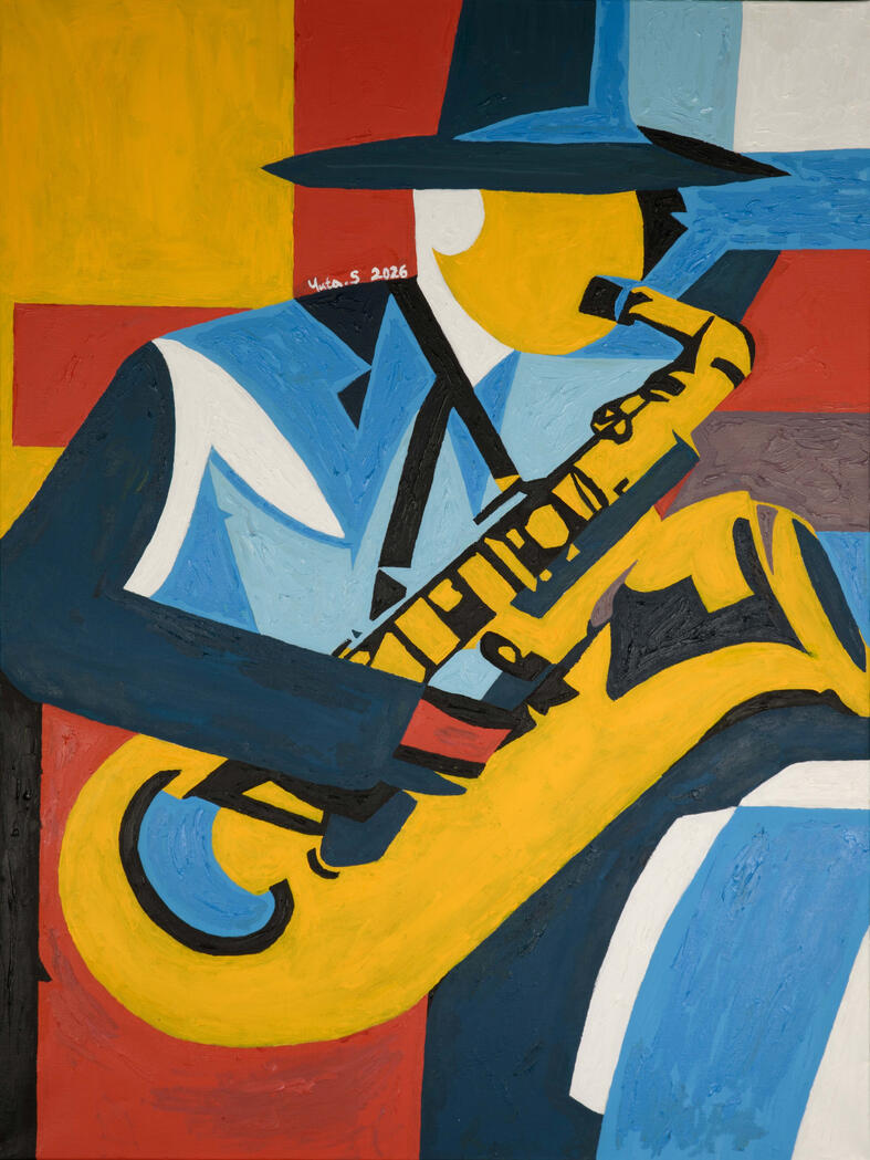 A saxophonist in a hat leans into his golden instrument as colour and form explode around him. This large-scale work freezes the electric peak of a live solo - the precise instant when music becomes transcendent.