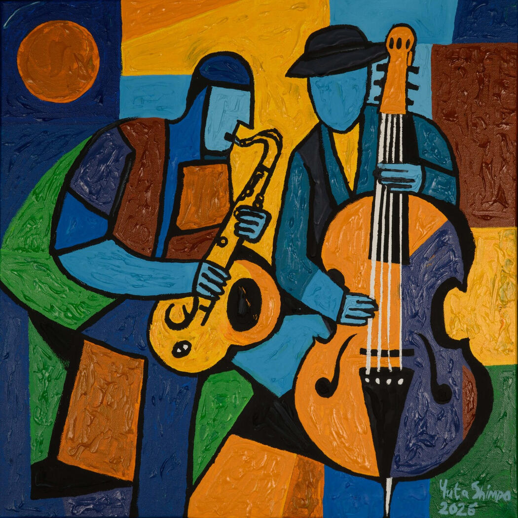 Two musicians, bathed in blue under an orange moon, fuse Latin percussion with jazz swing. The vibrant geometry and rhythmic figures celebrate the joyful cultural dialogue at the heart of the music.
