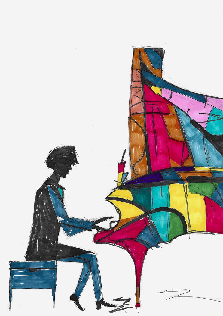 A dark silhouette commands a vibrant, exploding grand piano. Capturing pure improvisational freedom, the energetic lines celebrate the unrestrained joy of spontaneous creation.