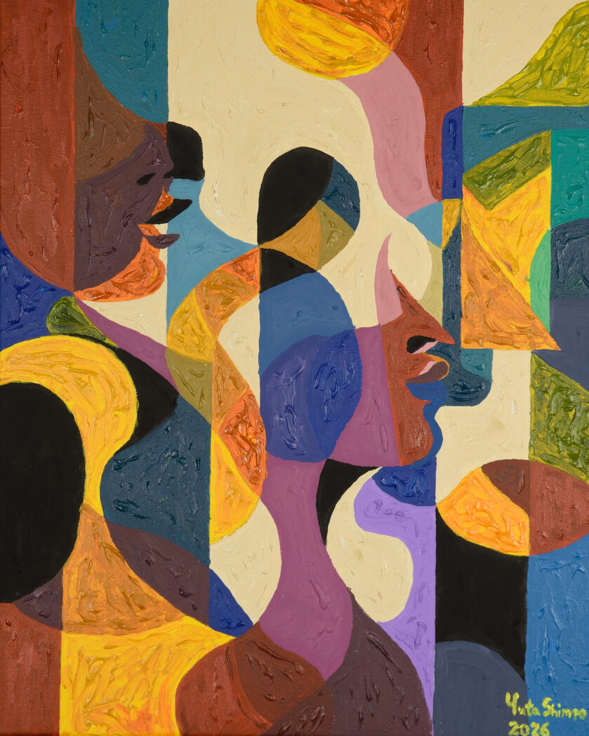 Overlapping faces and luminous, flowing forms evoke the shared breath of a jazz ensemble. The painting celebrates the organic rise and fall of collective improvisation through vibrant, breathing colour.