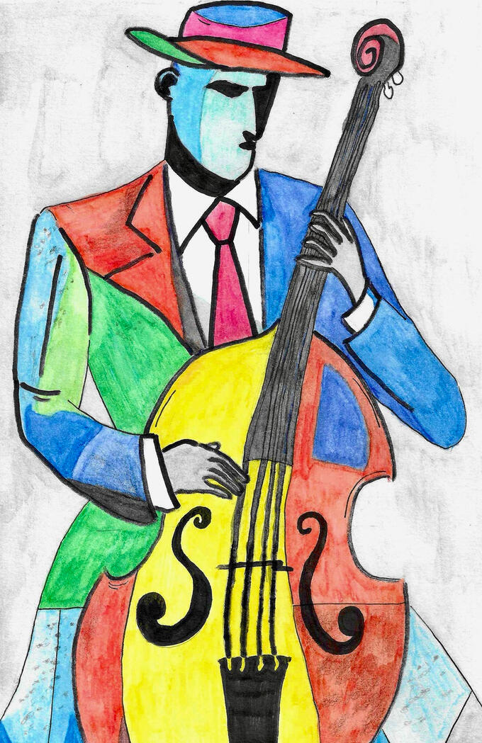A sharp-suited figure commands a large upright bass with unmistakable attitude. The strong graphic style pays homage to the enduring presence and swing of the instrument.